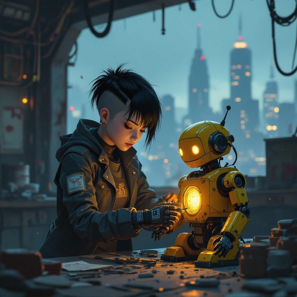Sci-Fi Girl Repairs Yellow Robot in Dystopian City