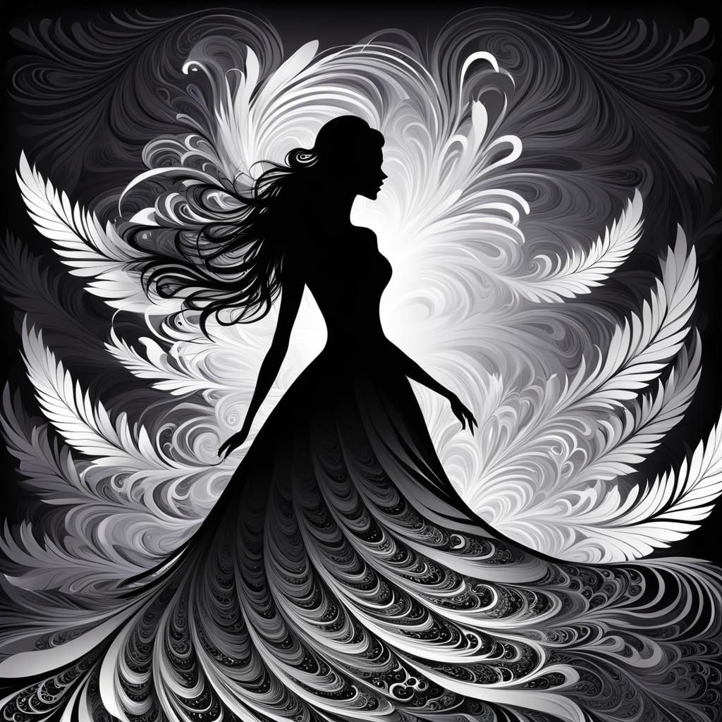 Bride Silhouette with White Feathers in Abstract Style