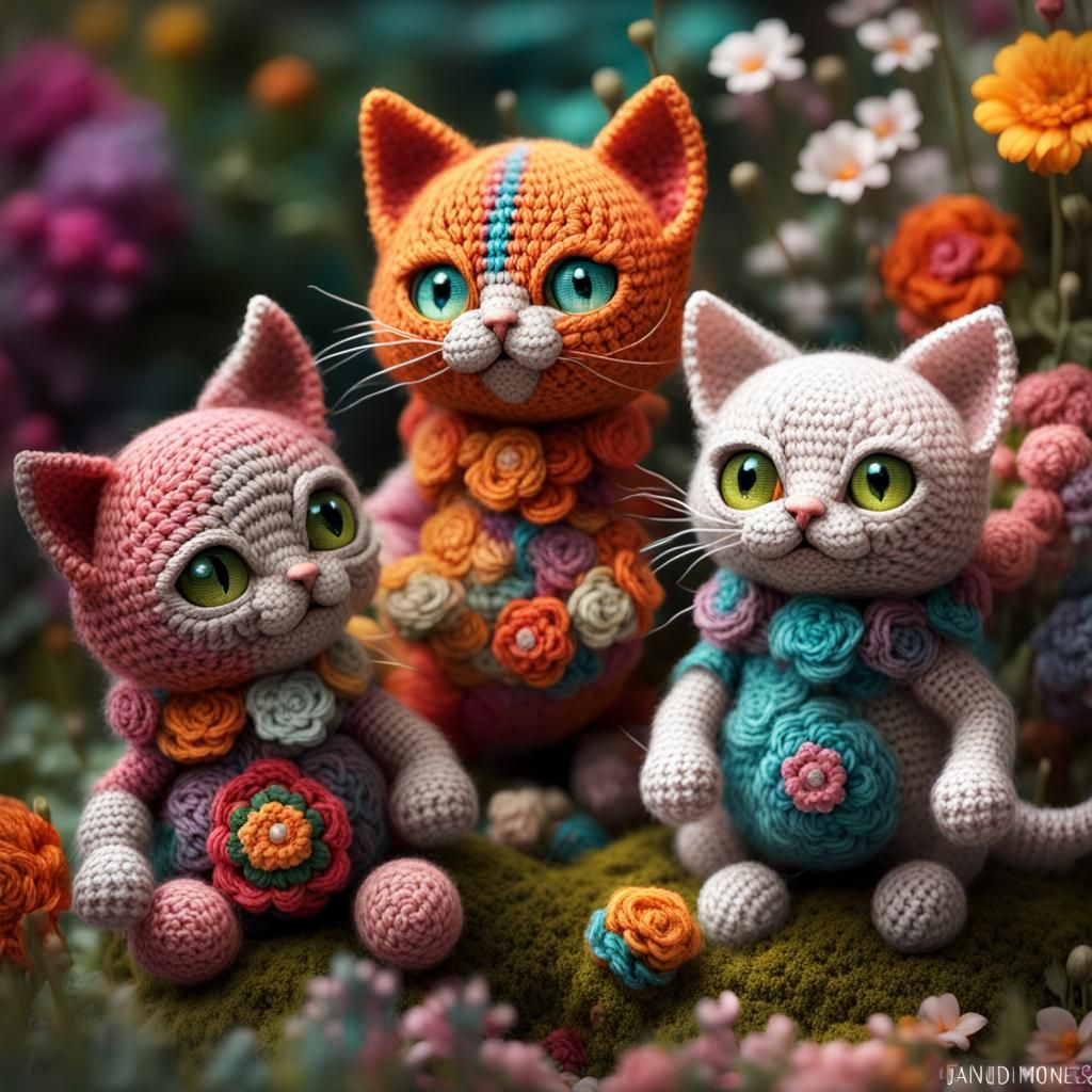 Colorful Crochet Kittens in Fantasy Garden