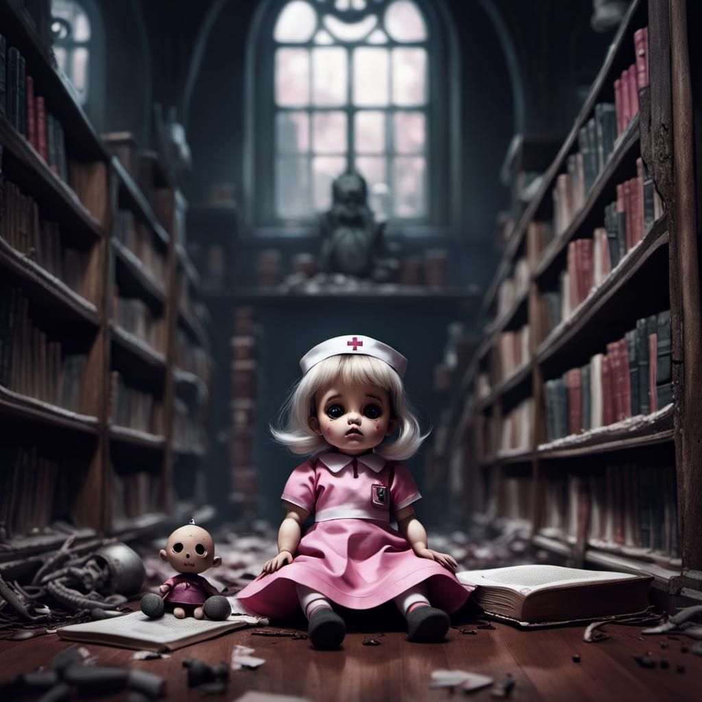 Creepy Doll in Abandoned Library: Dark Fantasy