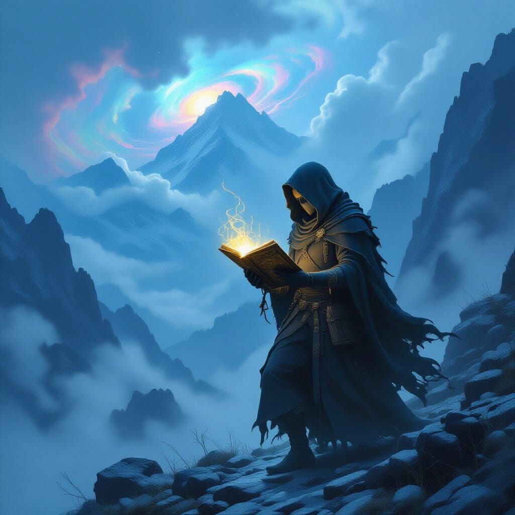 Diamond Thief Navigating Nebula-Lit Mountain Pass