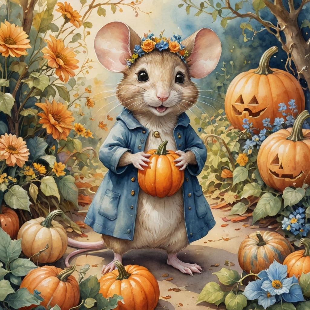 Chibi Halloween Mouse in Watercolor Illustration