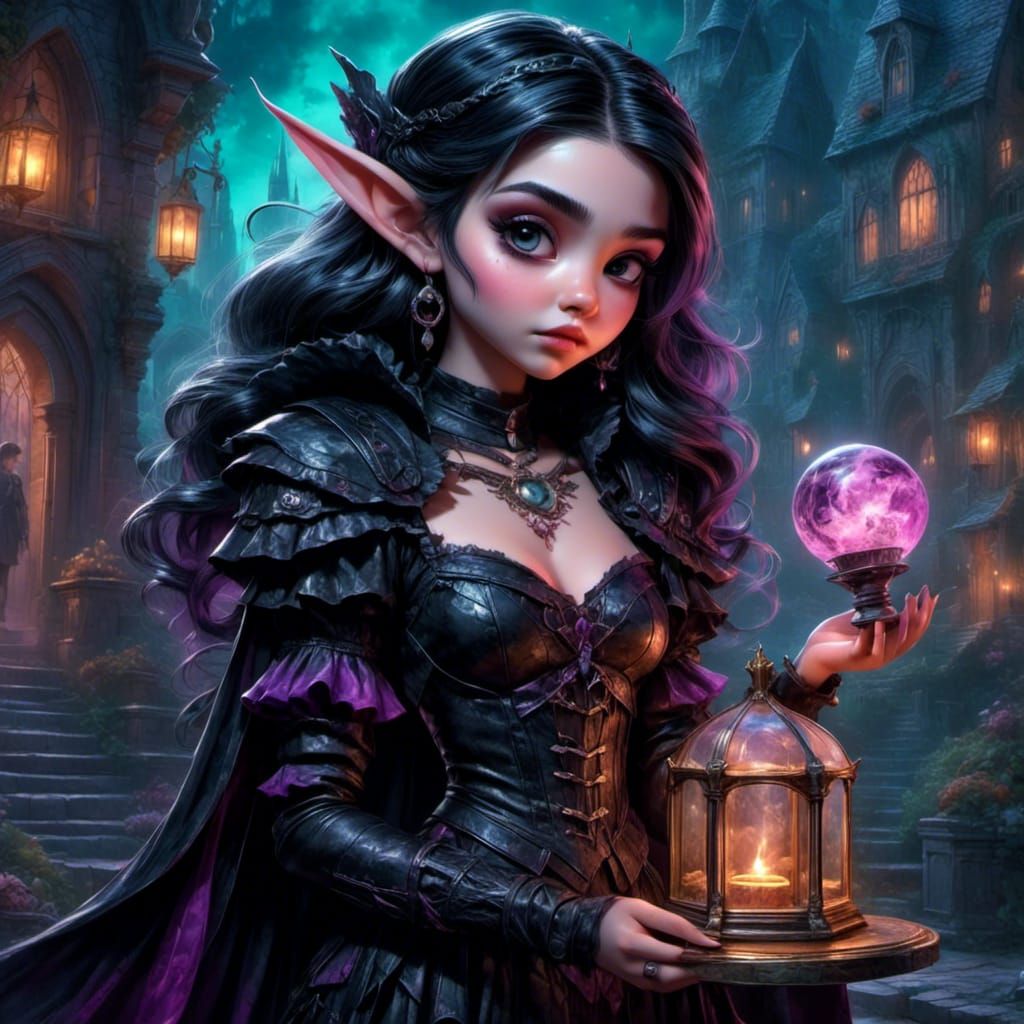 Chibi Goth Elf in Gothic Horror Setting