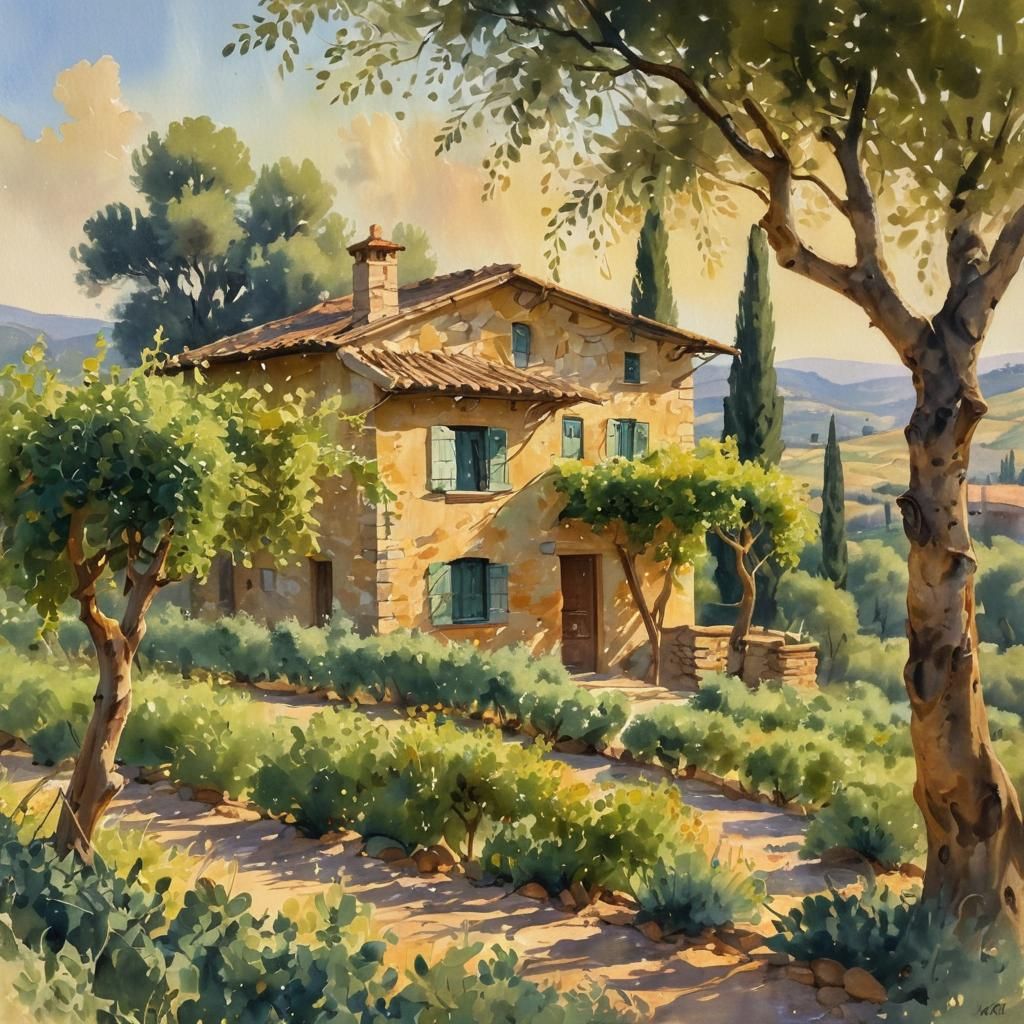 Tuscan Cottage in Impressionist Gouache Style