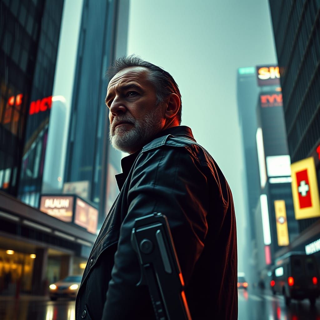 Cyberpunk Arms Dealer Silhouetted Against Futuristic Skyscra...