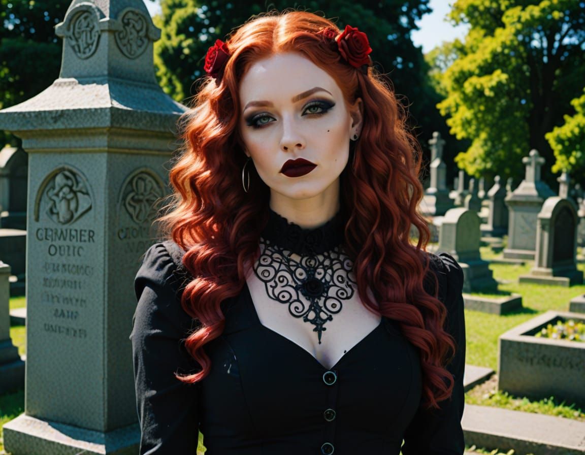 Goth Goddess Basks in Radiant Cemetery Sunset