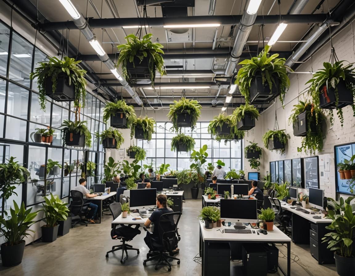 High-Tech Startup Office with Drone Plants