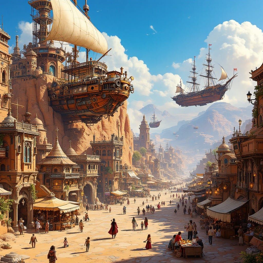 Steampunk Desert City with Levitating Ships