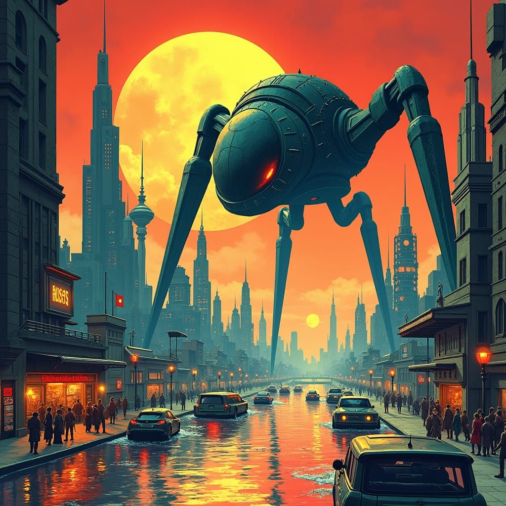 Metropolis Under Martian Attack in Retro Sci-Fi Style