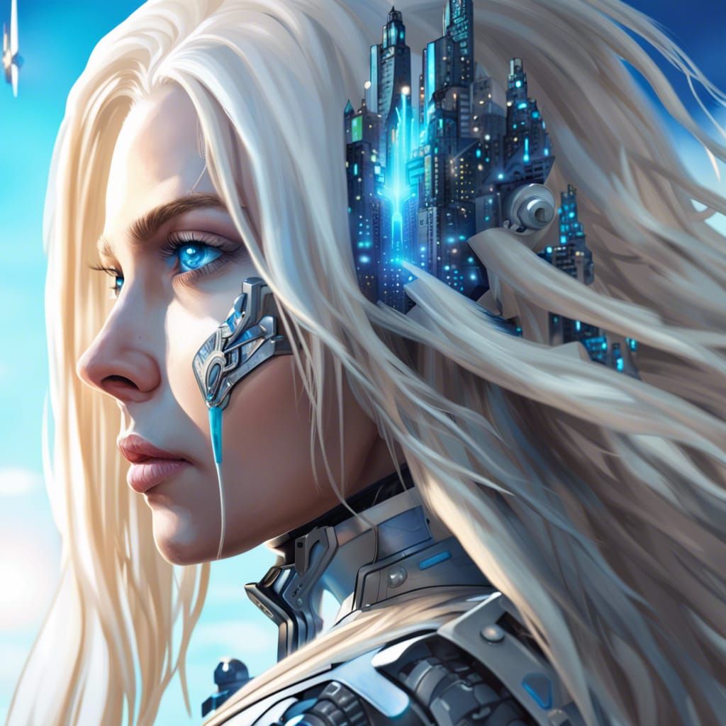 Pleiadian Hybrid Warrior Gazing at Future City