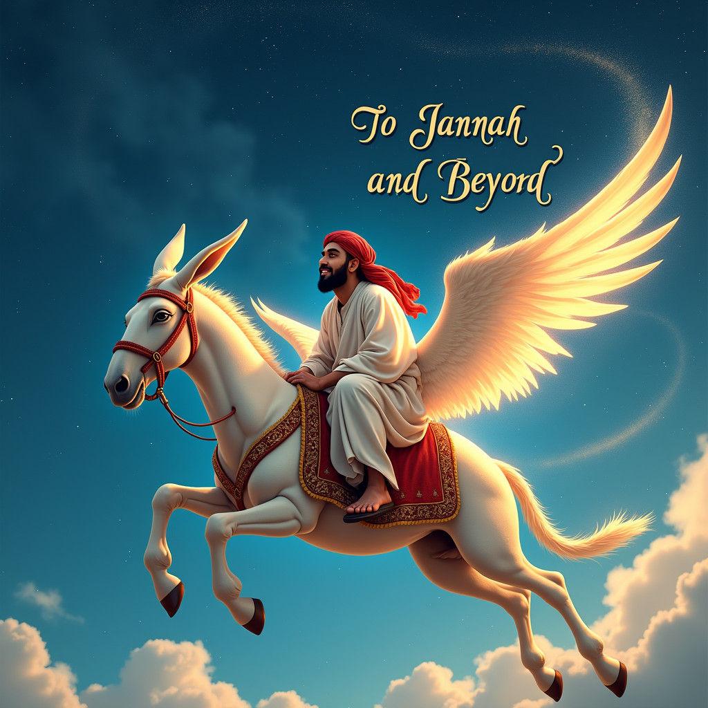 Middle Eastern Man on Flying Donkey in Starry Sky
