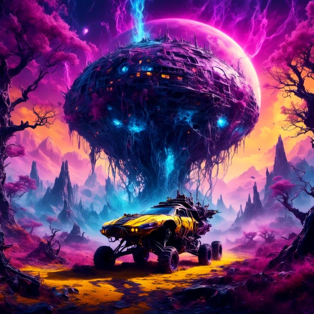 Futuristic Vehicle on Alien Planet with Spectral Moon