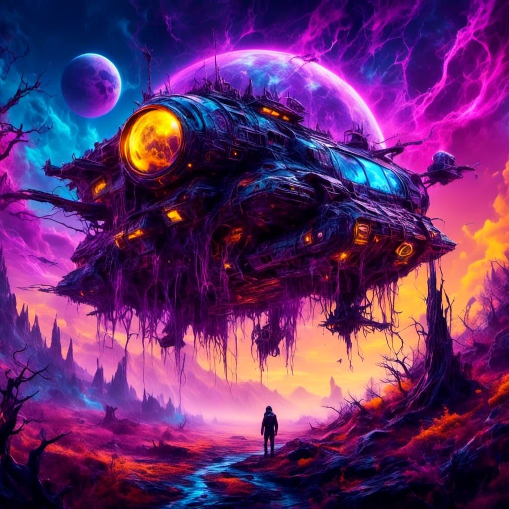 Futuristic Vehicle on Alien Planet with Spectral Moon