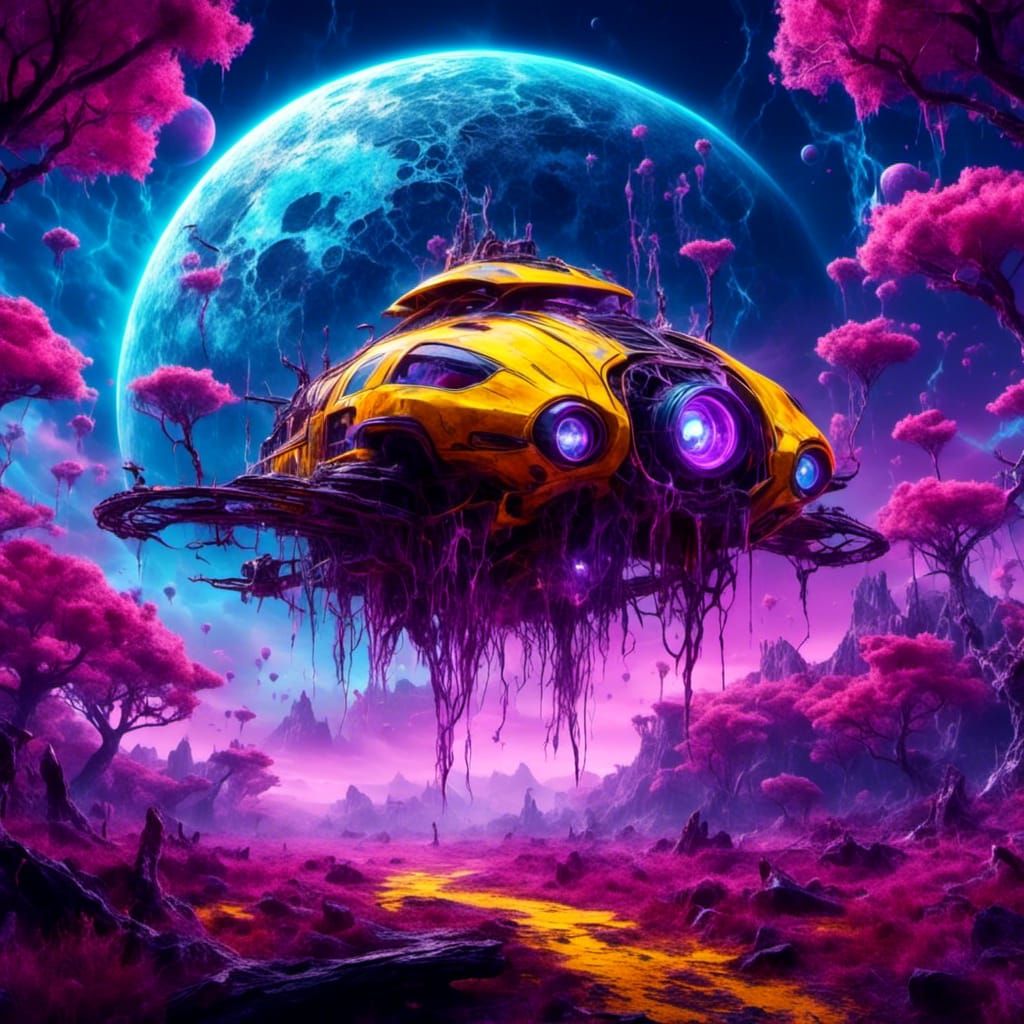 Futuristic Vehicle Flies Over Alien World