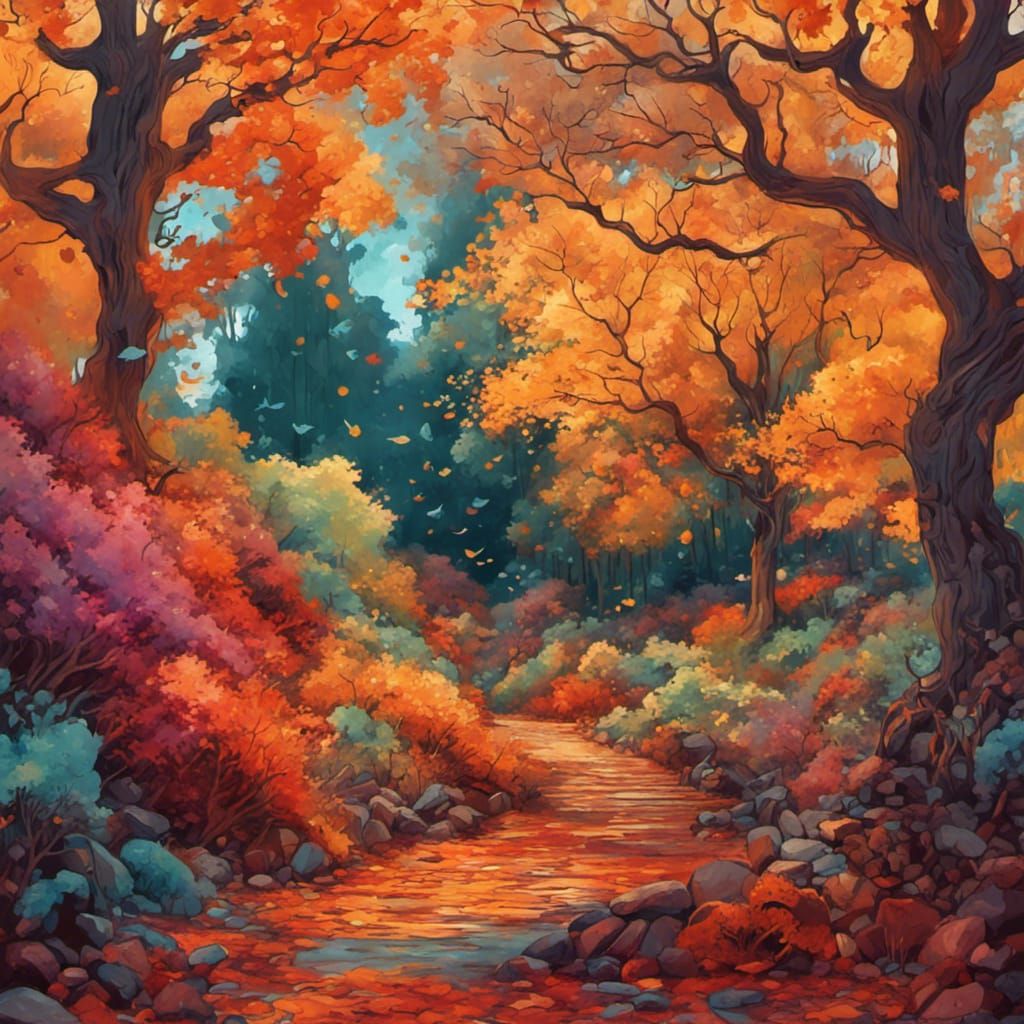 Autumn Landscape Painting in Neo-Impressionist Style