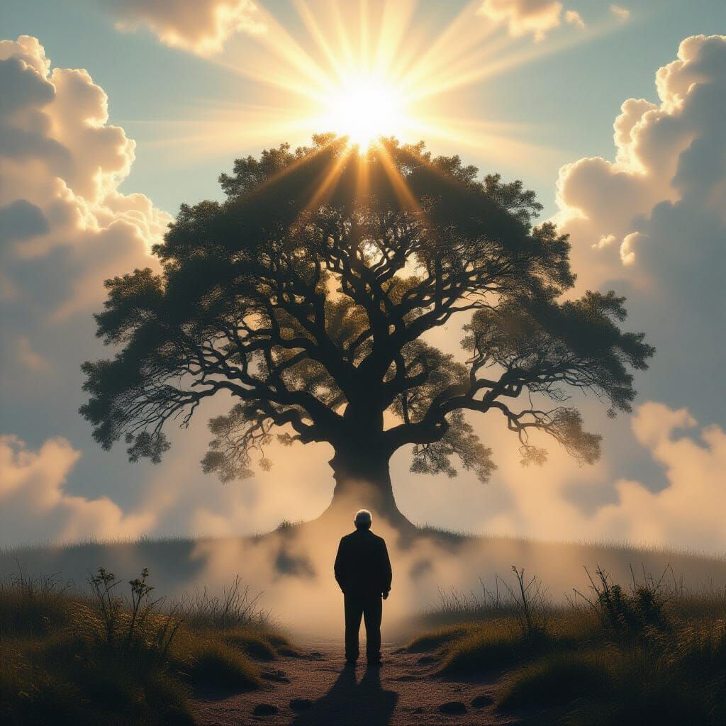 Majestic Tree and Old Man in Divine Light
