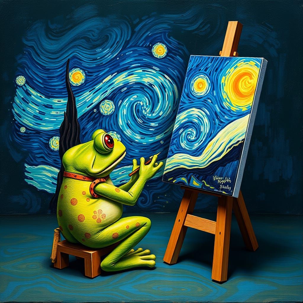 Vincent Van Frog Paints Whimsical Starry Night Easel