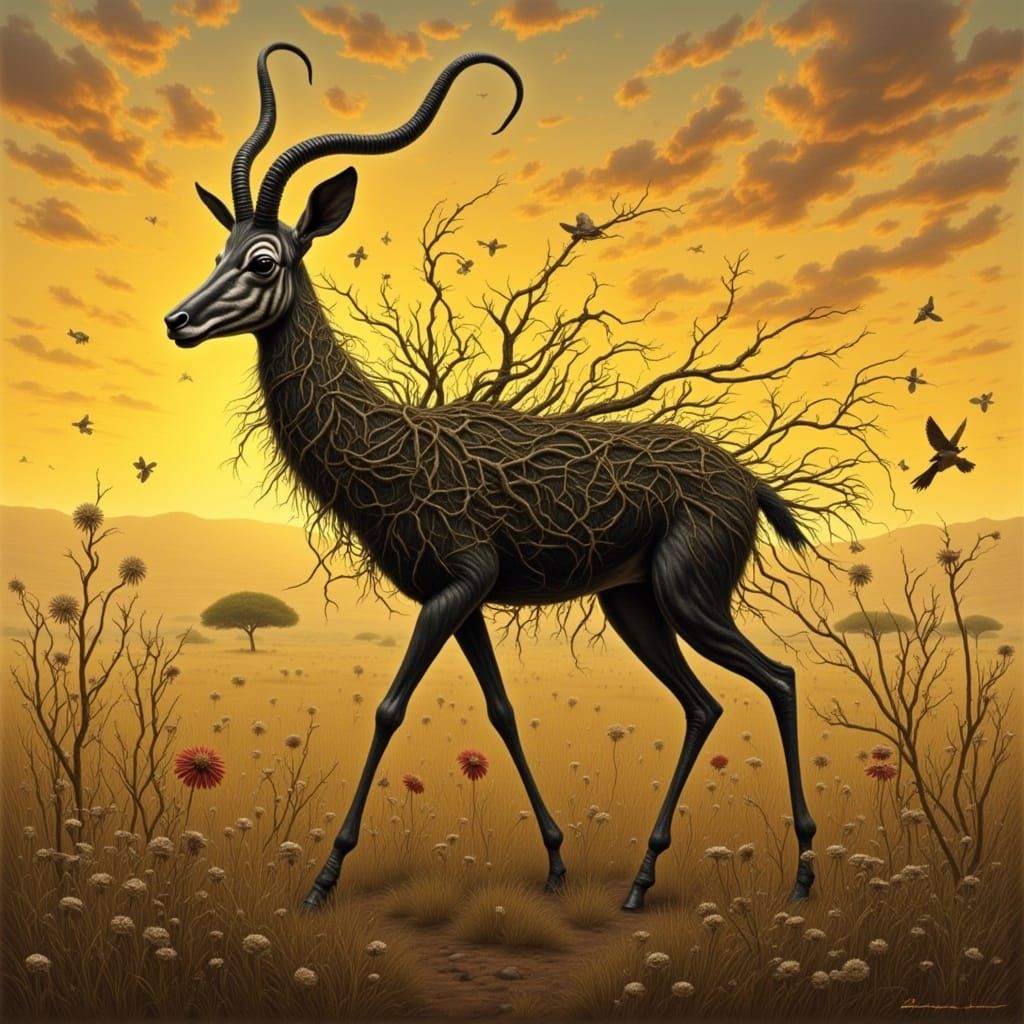 Gazelle in Leaf Cloak on Savannah at Sunset