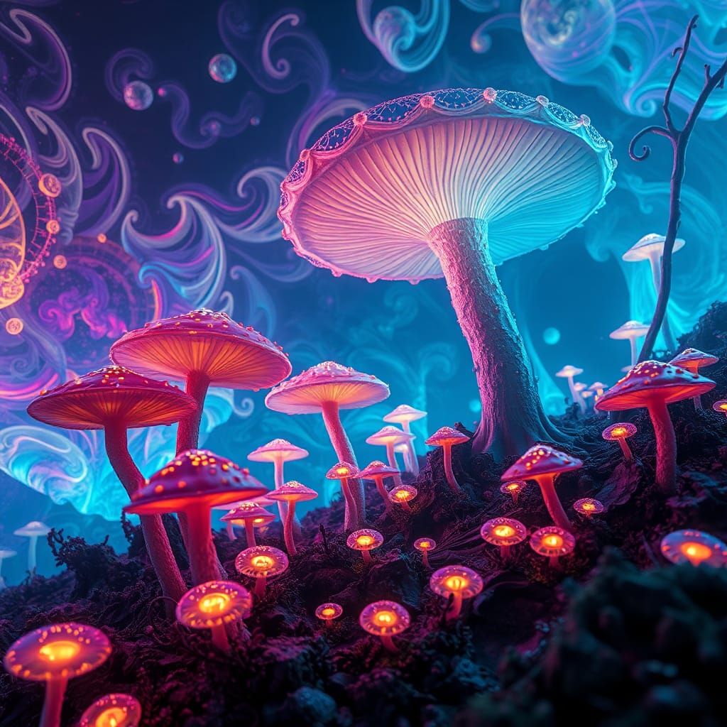 Ethereal Mushroom Dreamscape in Cyberpunk Style