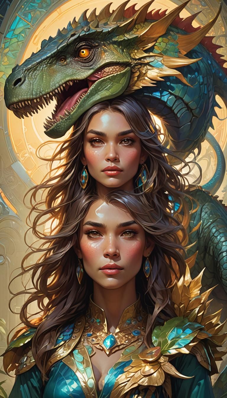 Dinosaur Woman Portrait in Fantasy Art Style