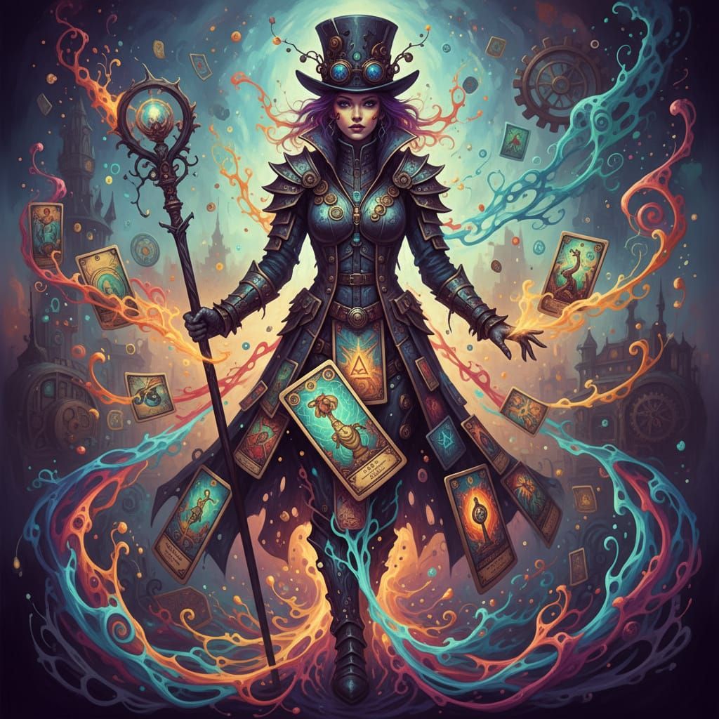 Steampunk Wizard Silhouette with Tarot Cards
