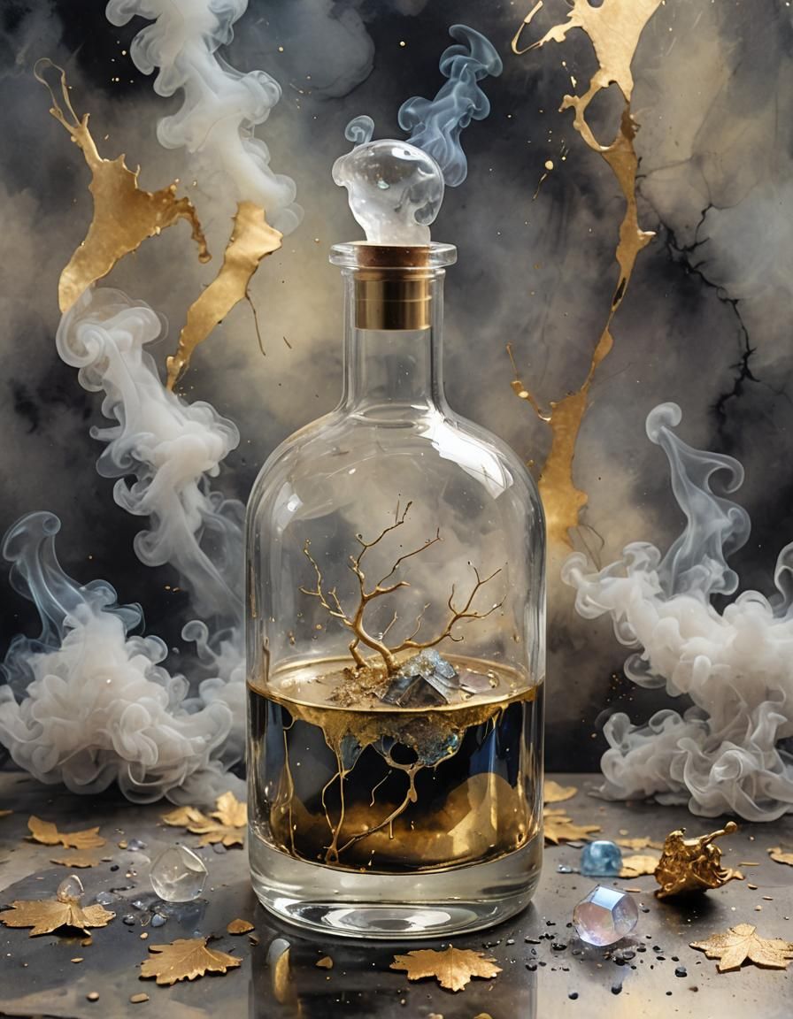 Iridescent Liquid in Glass Flask, Mixed Media Collage