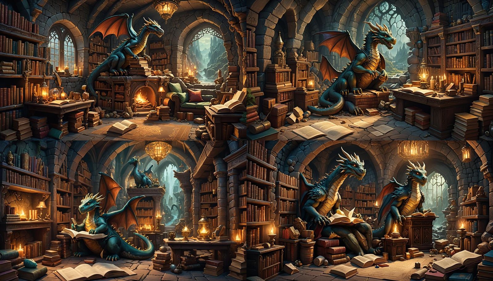 Cozy Dragon Lair with Books, Fantasy Concept Art