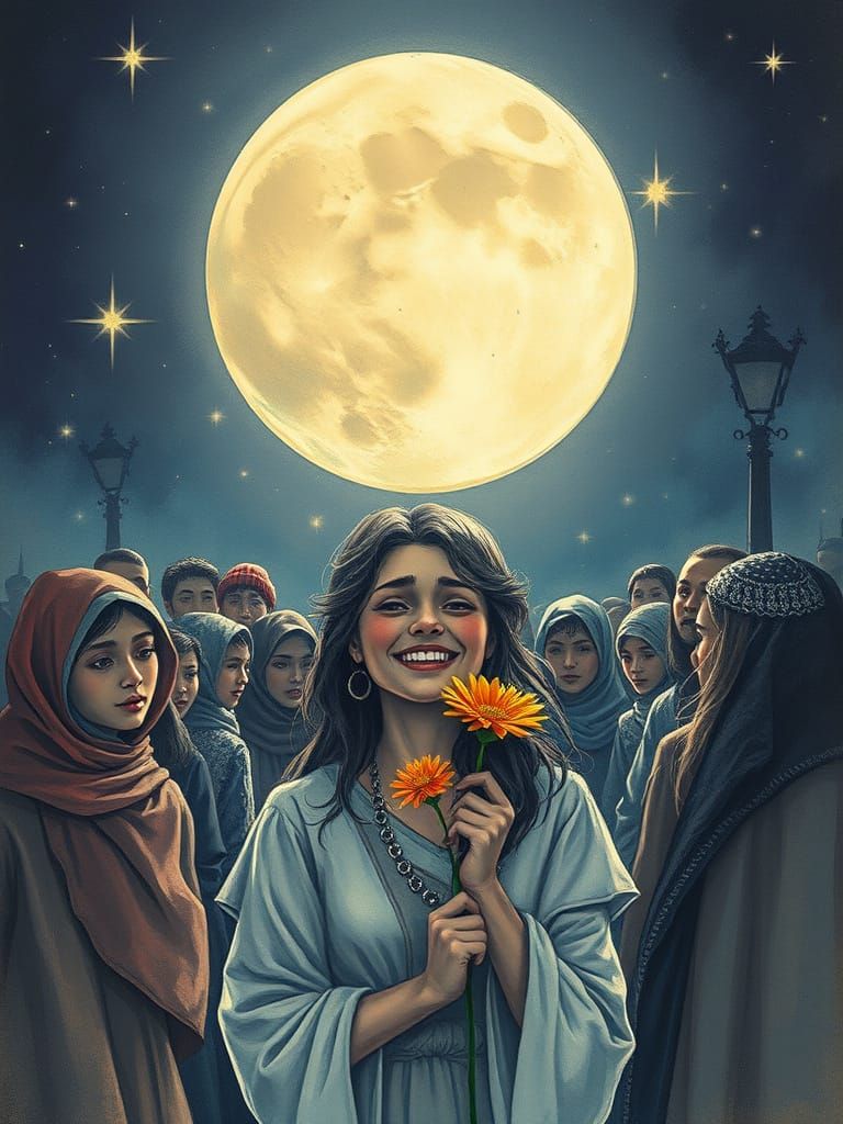 Crying Lady with Flower in Retro Digital Style