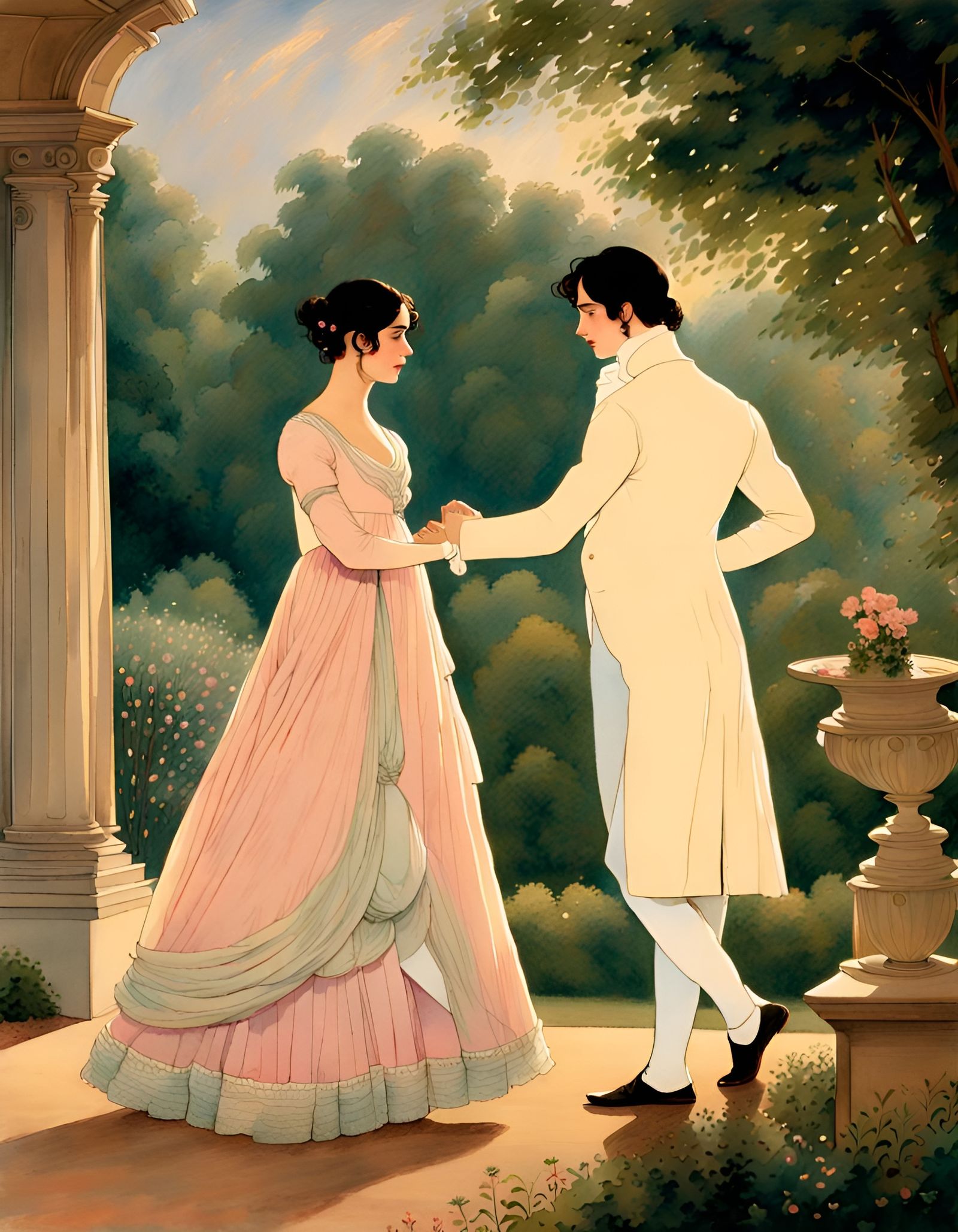16k resolution, art by Abdur-Rahman Chughtai, Pride and Prejudice, Regency era romance, Elizabeth Bennet in a lush Engli...
