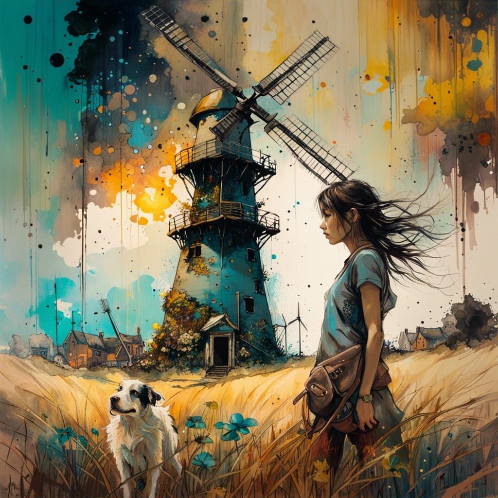 Girl, dog and an old windmill