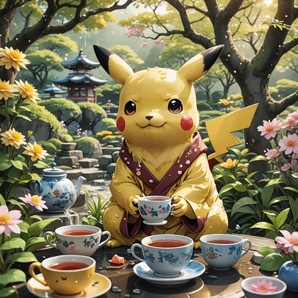 Pikachu's Tea Time: Vibrant Anime Illustration