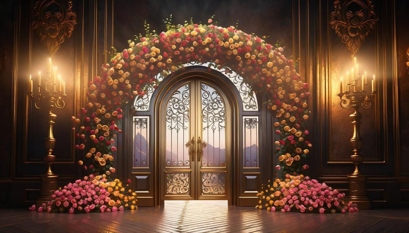 Magnificent Golden Doorway with Roses in Fog