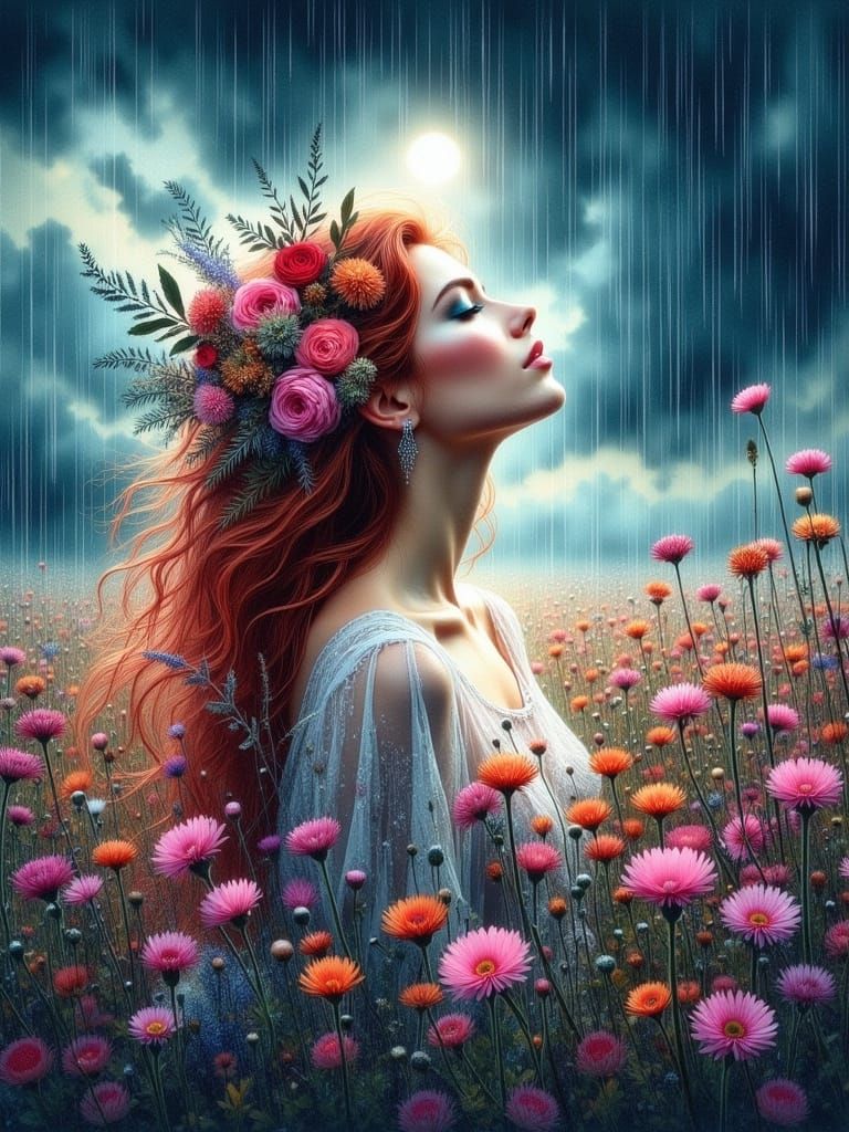 Ethereal Beauty in a Stormy Field of Wildflowers