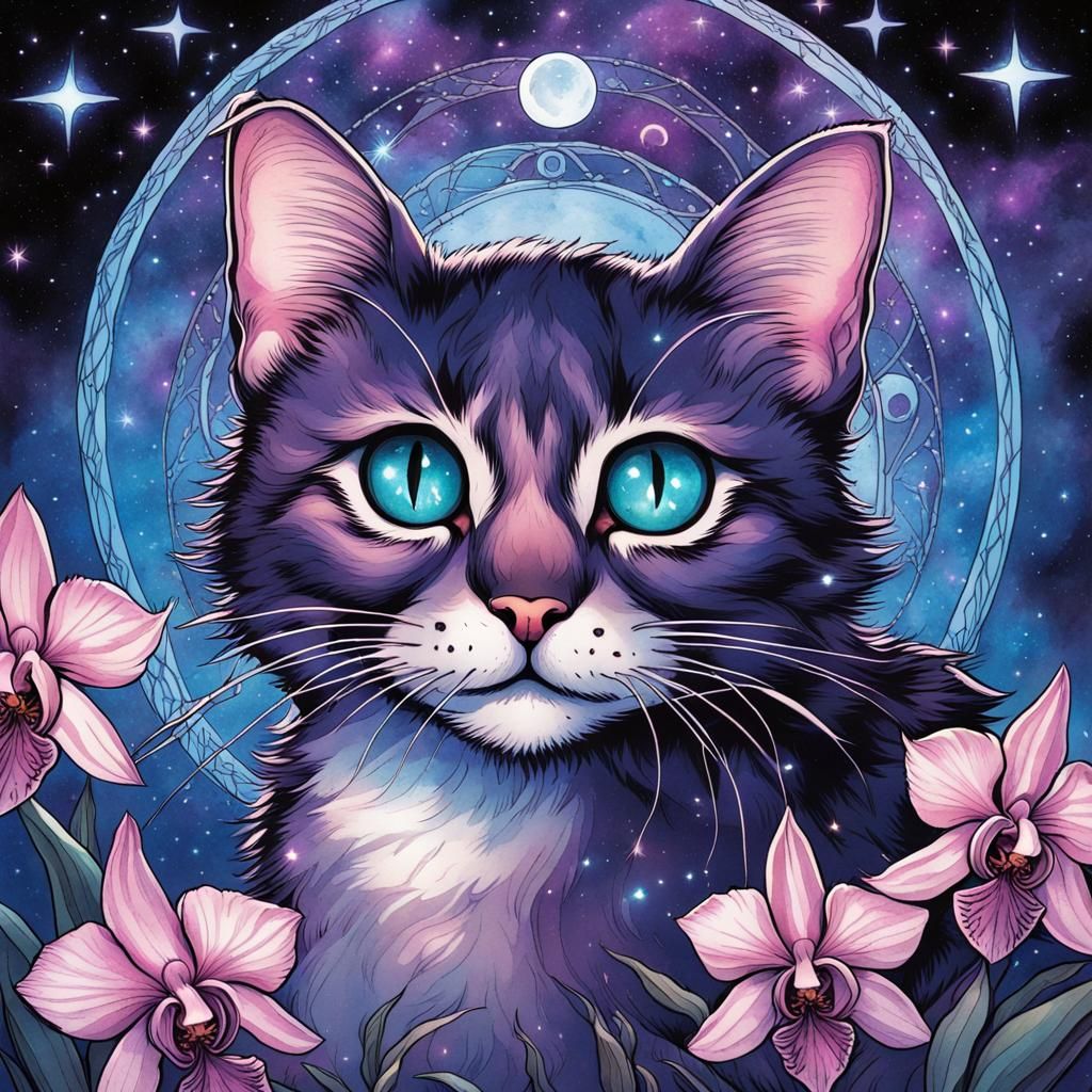 High Gothic Cosmic Kitten Watercolor Painting