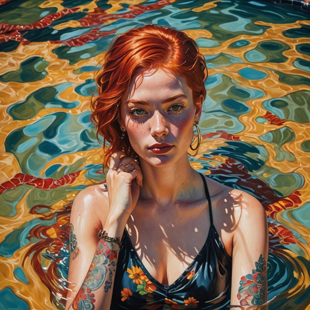 Red-Haired Woman Lounging by Pool in Oil Painting