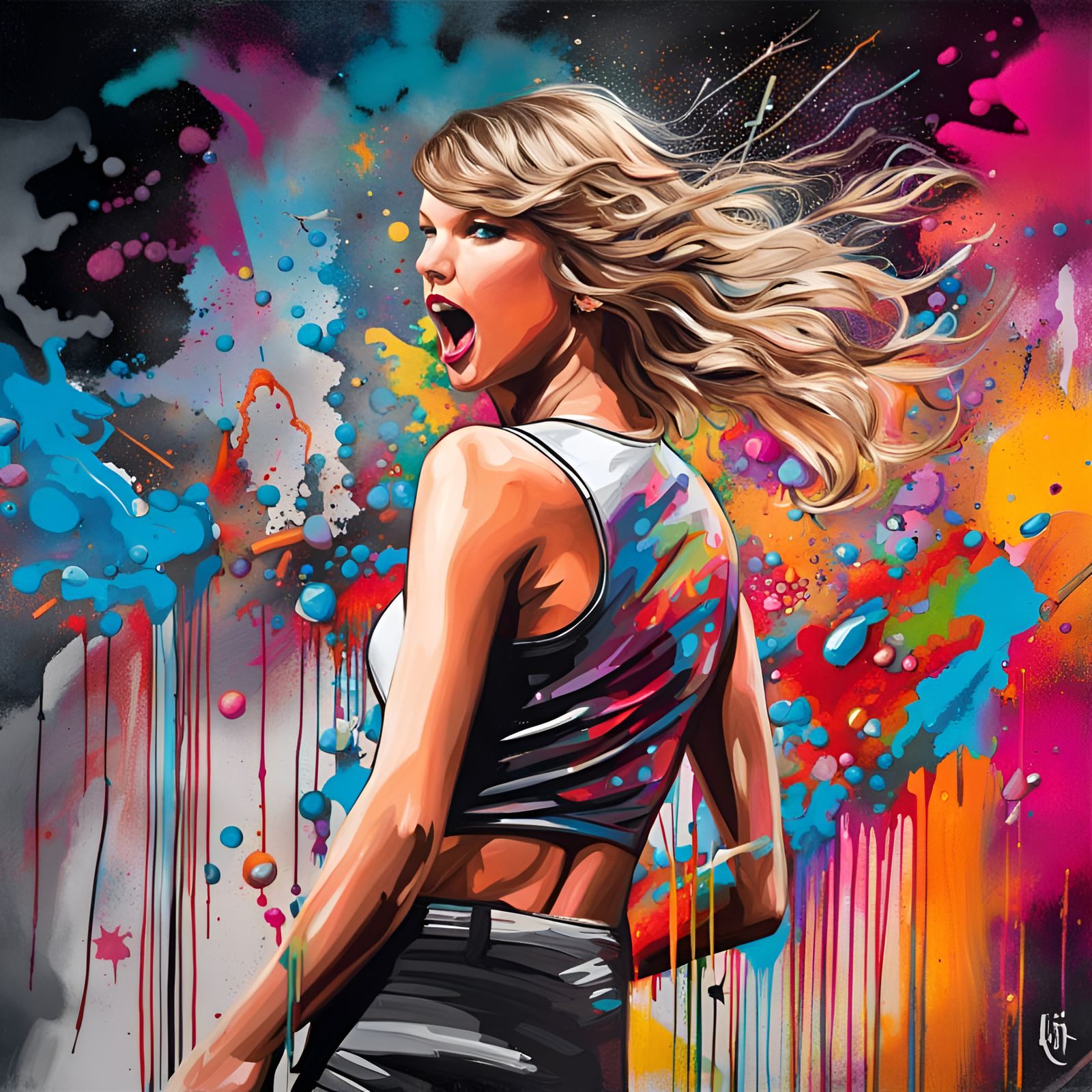 Pop Star Performance in Graffiti Splash Art Style