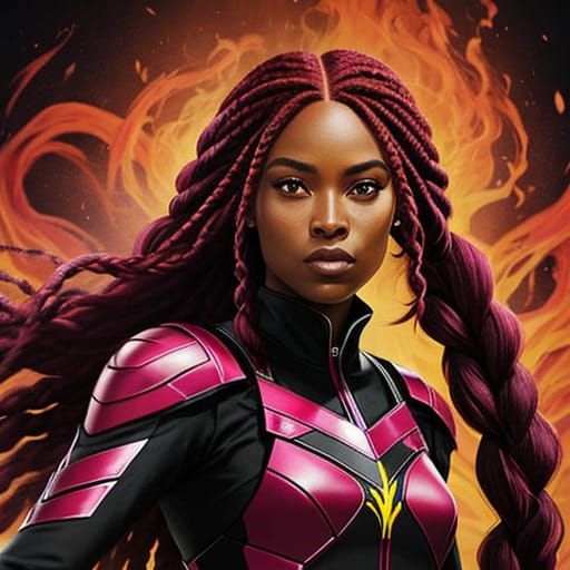 A black woman with long red braided hair as the pink phoenix ranger