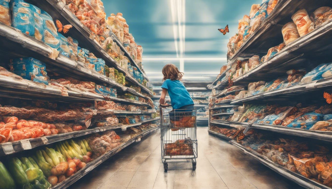 Dreamy Supermarket Scene with Butterflies and Forest