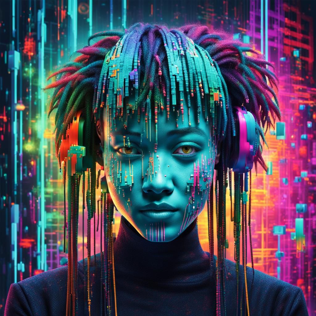 Vibrant Digital Figure Emerges from Neon Glitches