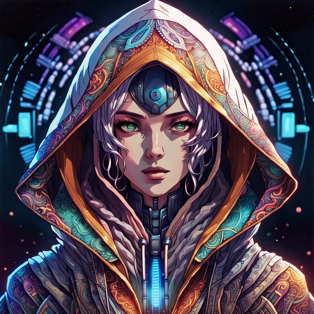 Anime Android in Cyberpunk Zentangle Robes