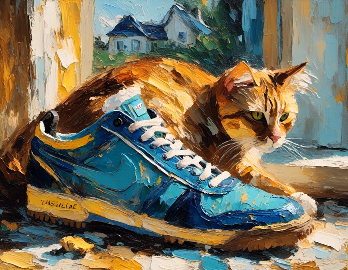 a oil paint of a old and dirty soccer shoes hang on big house window with a cat beside, depth of field, vibrant colors, ...