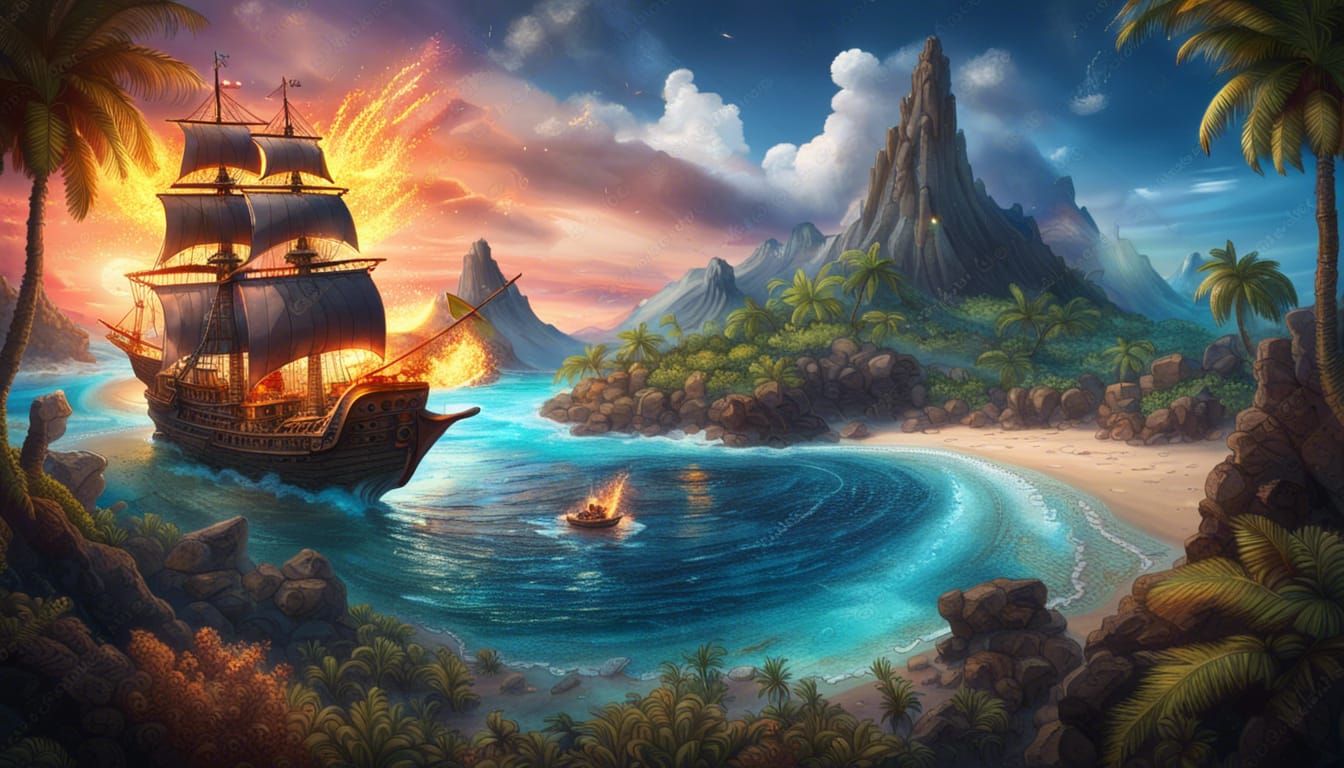 Tropical Island with Volcano and Pirate Ship