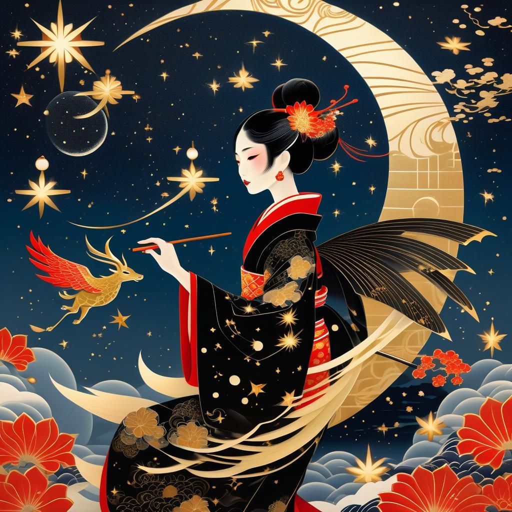 Art Deco Woman Rides Kirin Through Starry Night