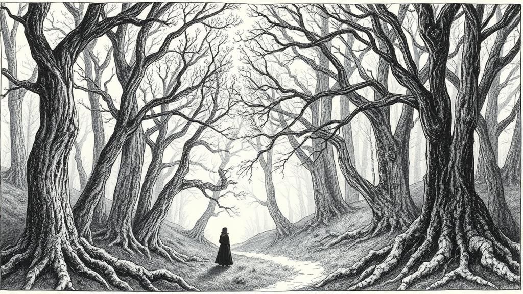 Enchanted Forest Illustration in Arthur Rackham Style