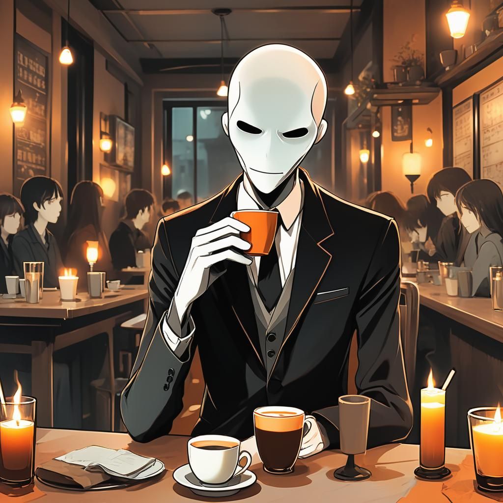 Slenderman Sipping Coffee in Anime Style