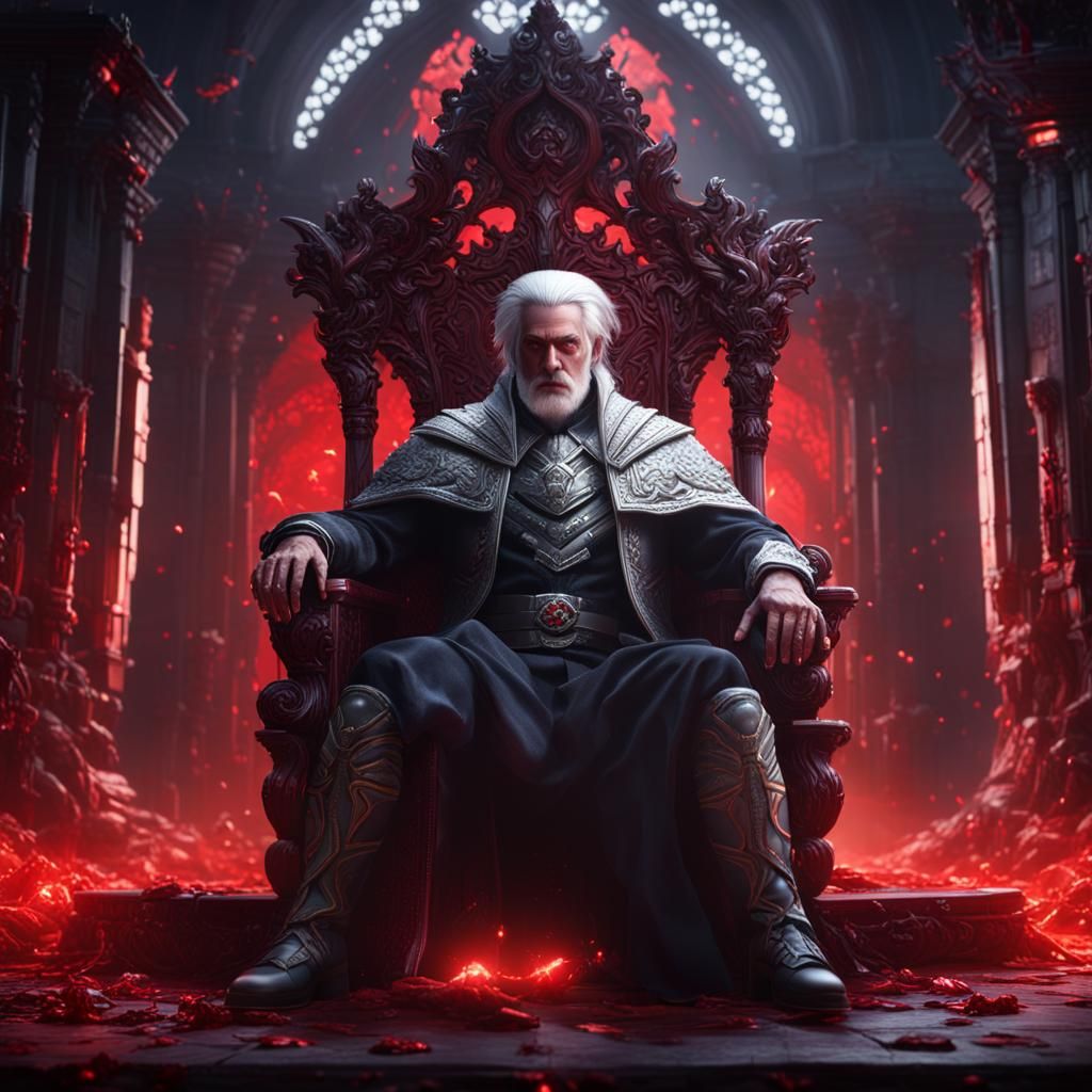 White-Haired King on Throne in Fantasy Art Style