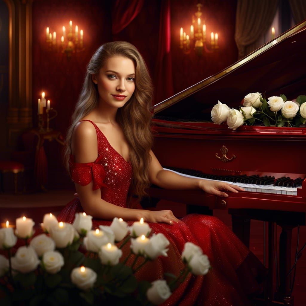 Beautiful Woman Pianist in Red Dress with Roses