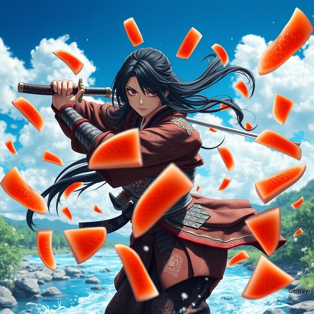 Fierce Samurai Girl Slicing Salmon, 3D Anime Art