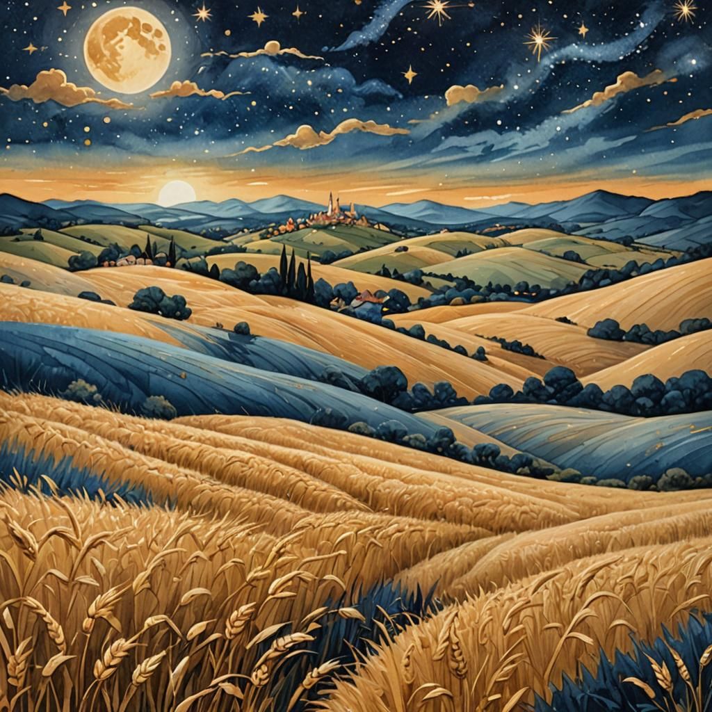 Golden Wheat Fields at Night in Gouache Watercolor
