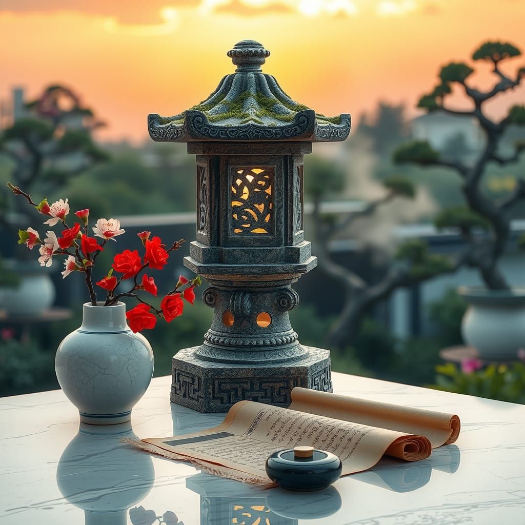 Ethereal Stone Lantern Garden Scene